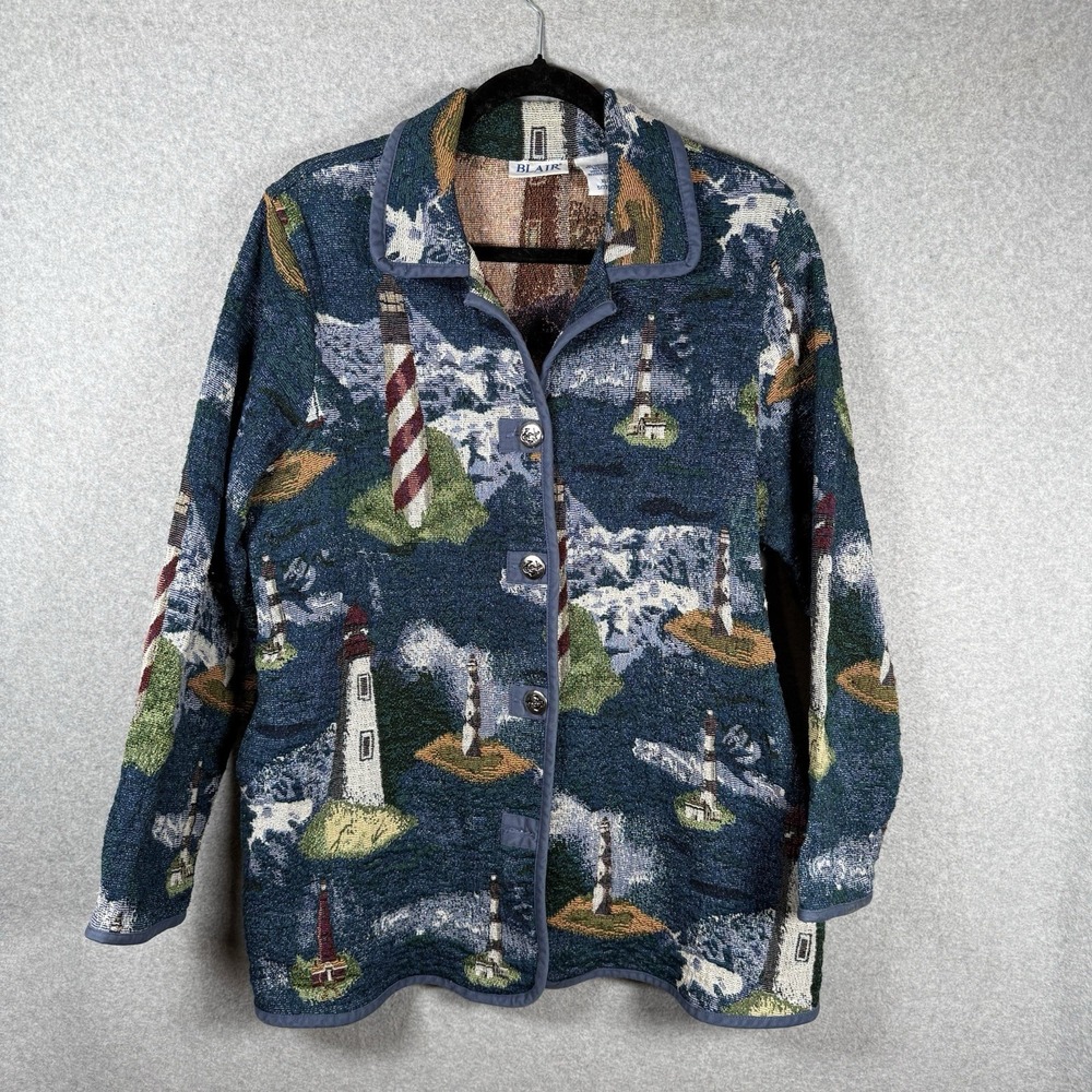 Blair Vintage Tapestry Jacket Lighthouse Nautical Coastal Button Womens XL